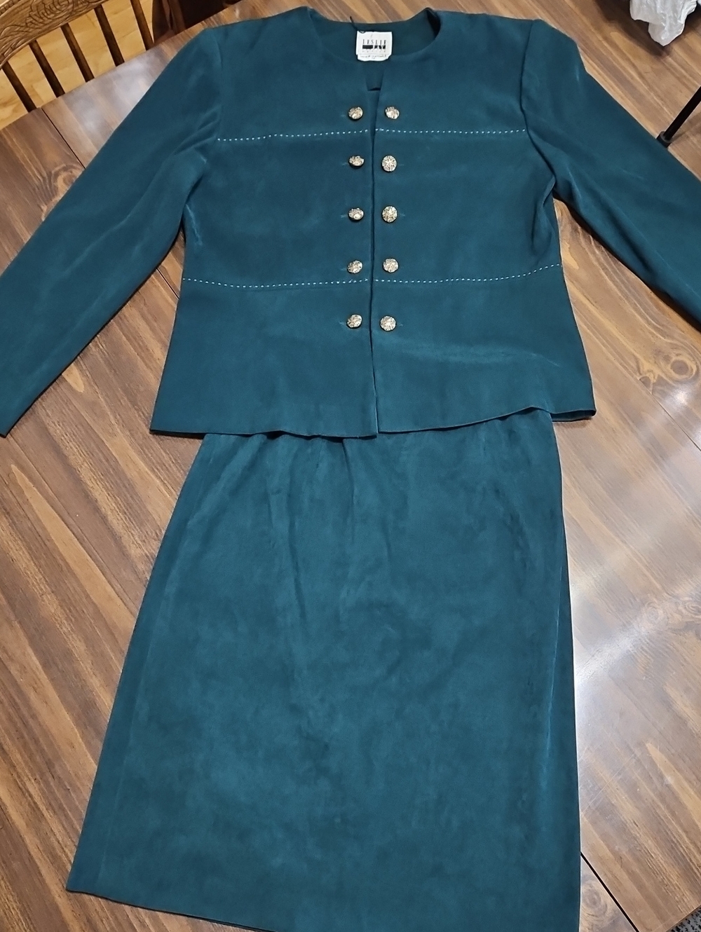Vintage Leslie Fay Teal Green Faux Suede Skirt Suit Set